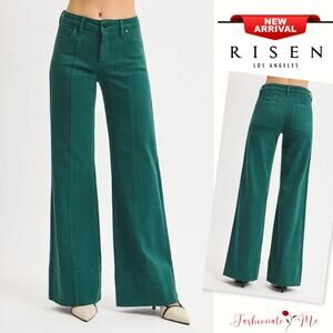 RISEN Tummy Control Mid Rise Seam Details Zip Fly Wide Leg Jeans | Hunter Green